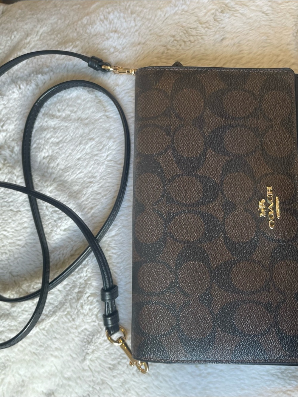Coach Dark Brown Signature Wallet / Crossbody with Black Strap